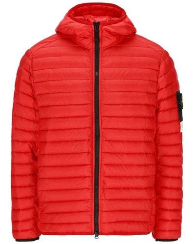 Stone Island Logo Patch Lightweight Hooded Down Jacket - Red