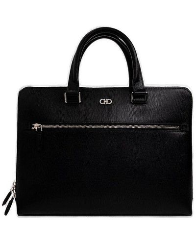 Ferragamo Leather Briefcase With Logo - Black