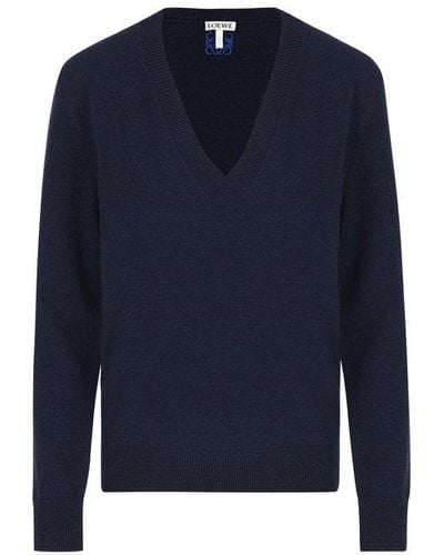 Loewe Anagram-embroidered V-neck Sweater - Blue