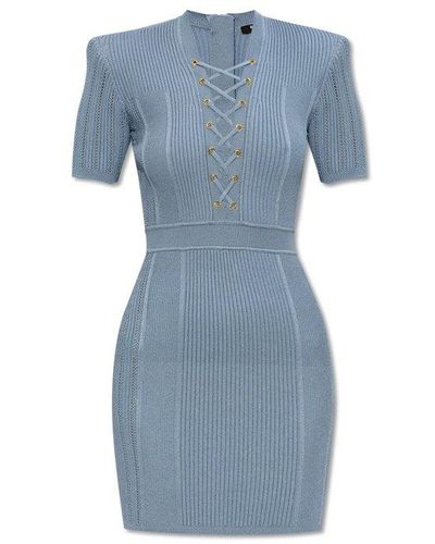 Balmain Ribbed Dress, - Blue