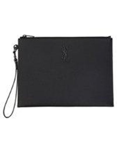 Saint Laurent Logo Plaque Zip-up Clutch Bag - Black
