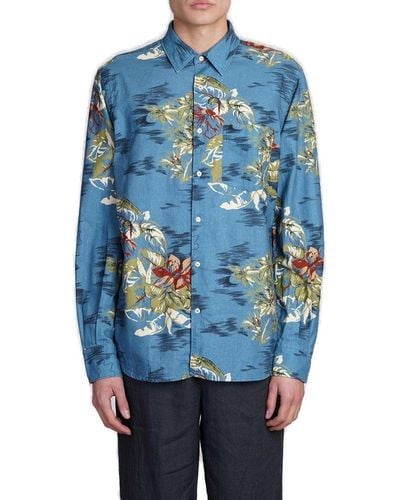 Aspesi Floral-printed Long Sleeved Shirt - Blue
