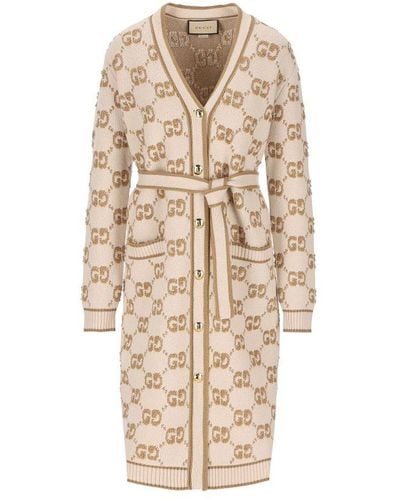 Gucci GG Jacquard Belted Waist Cardi-coat - Natural