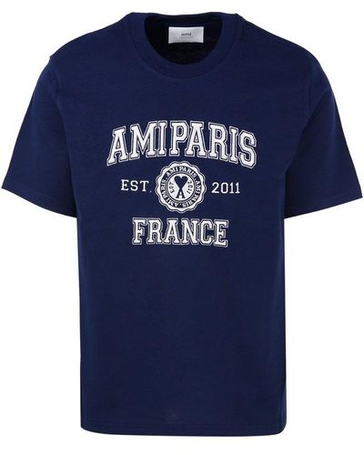 Ami Paris Paris Logo Printed Crewneck T-shirt - Blue