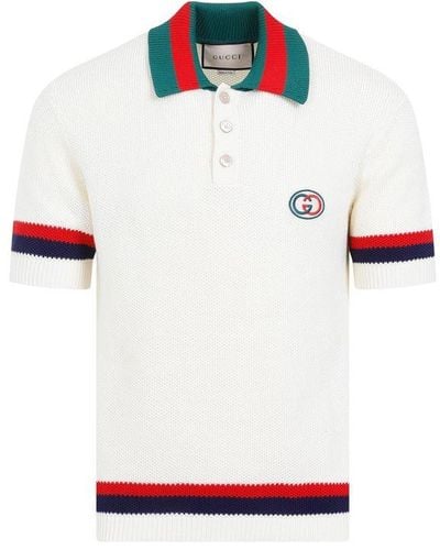 Gucci Logo Embroidered Knit Polo Shirt - White