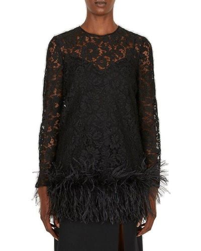 Valentino Lace Feather-trim Top - Black