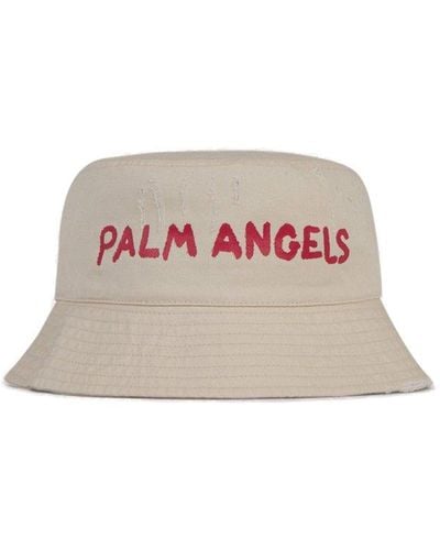 Palm Angels Logo Printed Distressed Bucket Hat - White