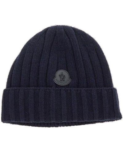 Moncler Logo Patch Knit Beanie Hat - Blue
