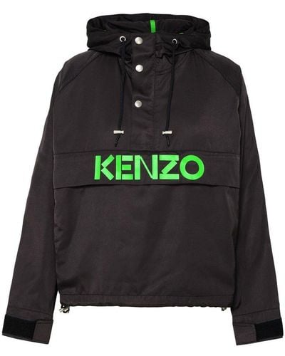 KENZO Logo Printed Hooded Windbreaker - Black