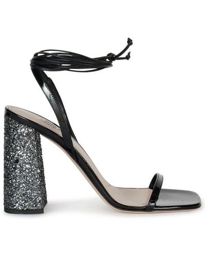 Miu Miu Ankle Tie-fastened Block Heeled Glitter Sandals - Black