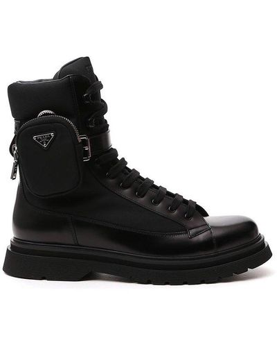 Prada Strapped Pouch Lace-up Boots - Black