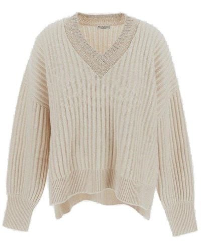Brunello Cucinelli V-neck Knitted Sweater - White