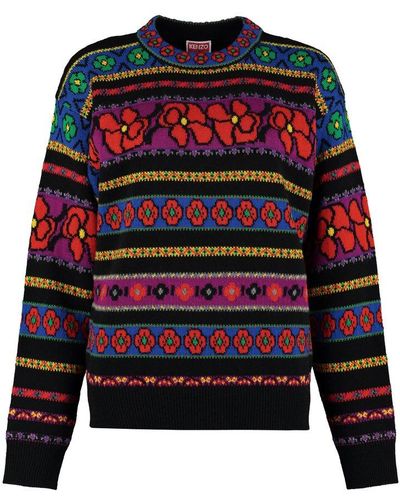 KENZO Floral-pattern Panelled Knitted Jumper - Red