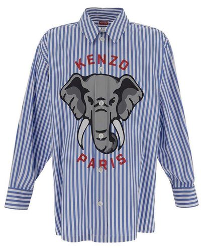 KENZO Elephant Striped Straight Hem Shirt - Blue