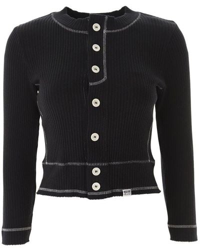 Moschino Jeans Contrast Stitched Buttoned Ribbed Top - Black