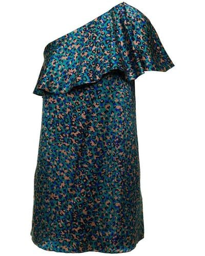 Saint Laurent One-shoulder Ruffled Mini Dress - Blue