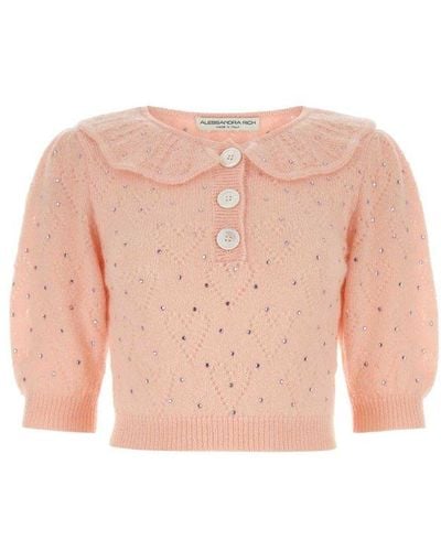 Alessandra Rich Embellished Short Puff Sleeved Knitted Top - Pink