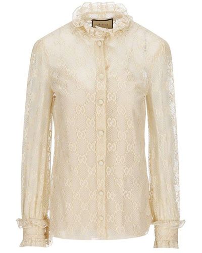 Gucci Frilled High Neck Monogram Lace Blouse - White