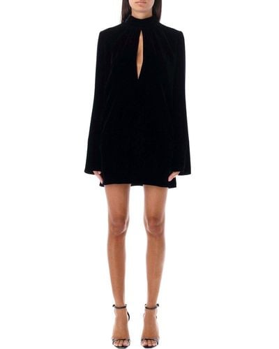 Saint Laurent Cut-out Detailed Long-sleeved Dress - Black