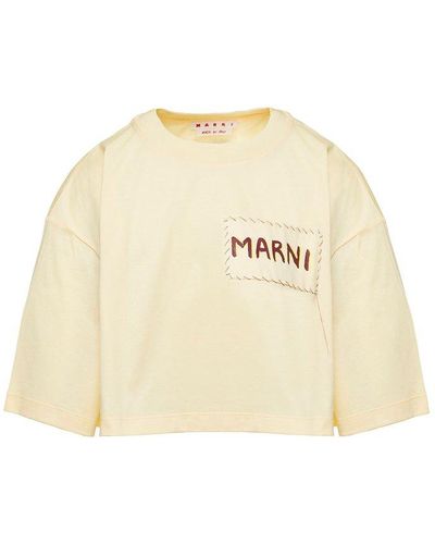Marni Yellow Cropped T-shirt With Embroidered Patch Logo On The Chest In Cotton Woman - Natural