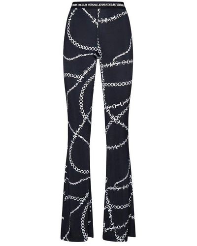 Versace Jeans Couture Logo Waistband Chain-printed Flared Trousers - Blue