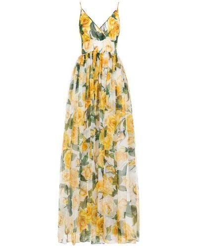 Dolce & Gabbana Floral Printed Spaghetti Strap Maxi Dress - Metallic