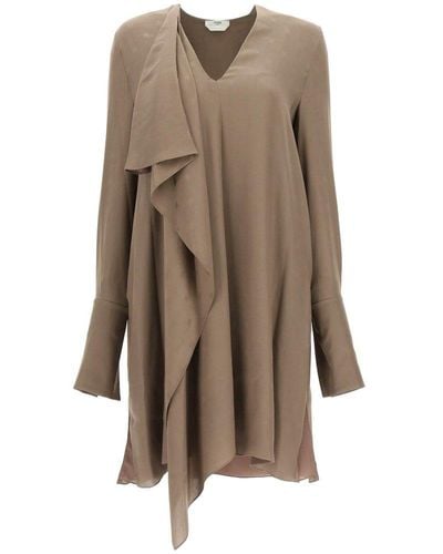 Fendi Silk Dress With Front Draping - Brown