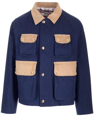 Thom Browne Thom Brown Contrasted Corduroy Cropped Coat - Blue