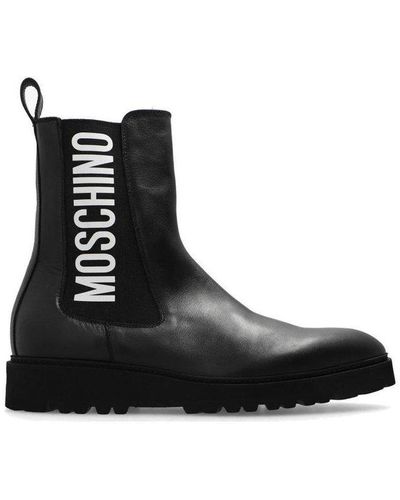 Moschino Side Logo-printed Round-toe Ankle Boots - Black