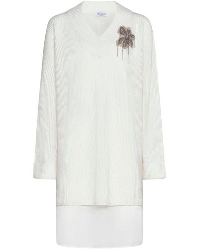 Brunello Cucinelli V-neck Embellished Knit Mini Dress - White
