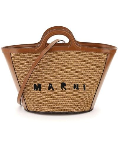 Marni Tropicalia Logo Embroidered Small Tote Bag - Brown