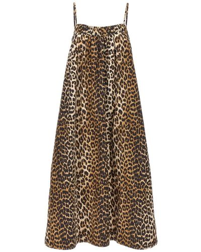 Ganni Leopard Printed Midi Strap Dress - Natural