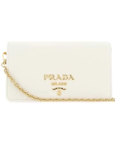 Prada Logo Plaque Chain Clutch Bag - White