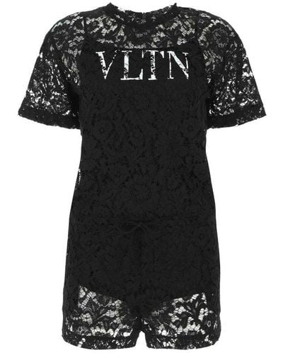 Valentino Vltn Print Floral Lace Playsuit - Black