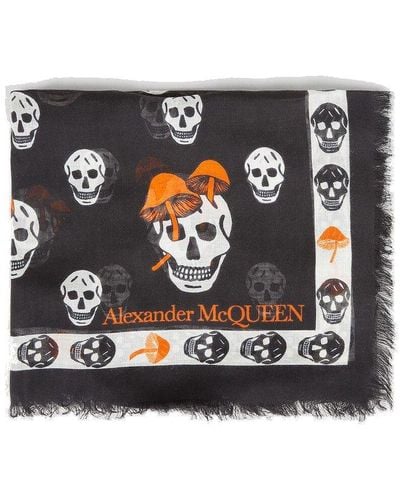 Alexander McQueen Skull Printed Frayed Hem Scarf - Black