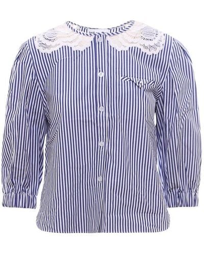 Self-Portrait Embroidered Striped Blouse - Blue