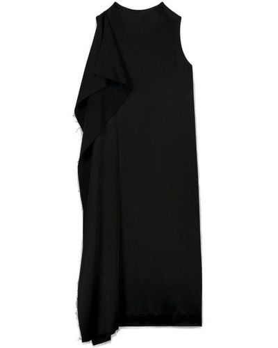 Atlein Asymmetric Draped A-line Midi Dress - Black