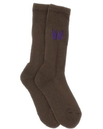 Needles Butterfly-embroidered Knitted Socks - Brown