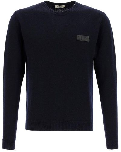Valentino Logo Patch Long-sleeved Sweater - Blue