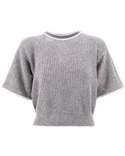 Brunello Cucinelli Contrasting-Border Knitted Top - Gray
