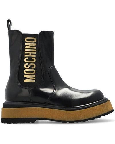 Moschino Logo-printed Round Toe Ankle Boots - Black