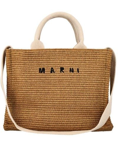 Marni Tropicalia Logo Embroidered Small Tote Bag - Brown