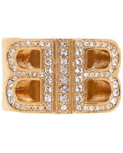 Balenciaga Gold Logo Ring With Crystals - Metallic