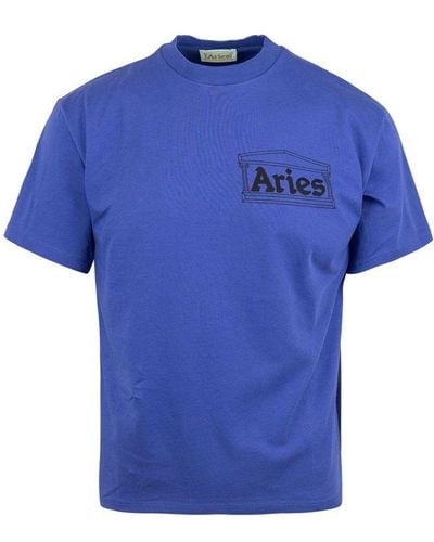 Aries Logo Printed Crewneck T-shirt - Blue