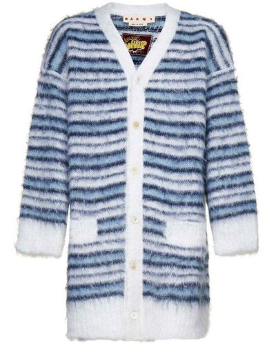 Marni Striped Mohair Long Cardigan - Blue