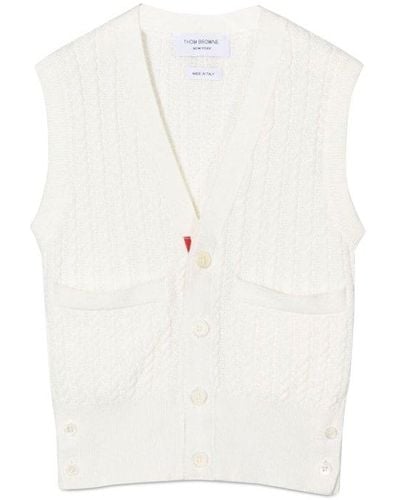 Thom Browne Cable Knit Button-up Cardigan Vest - White