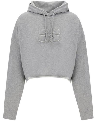 Ganni Logo Embroidered Drawstring Cropped Hoodie - Gray