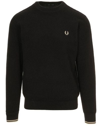 Fred Perry Waffle-knit Crewneck Sweater - Black