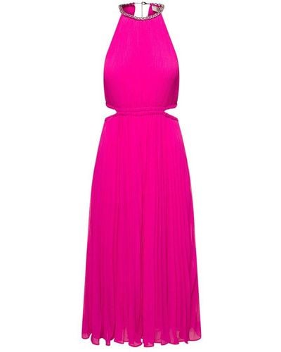 Michael Kors Midi Fucshia Pleated Dress With Chain And Cut-Out - Pink