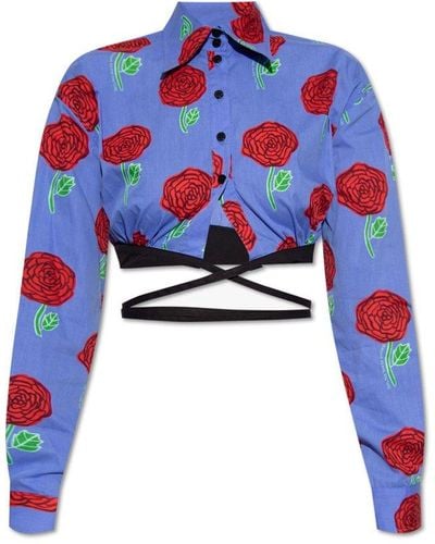 Versace Cropped Shirt With Floral Motif - Red